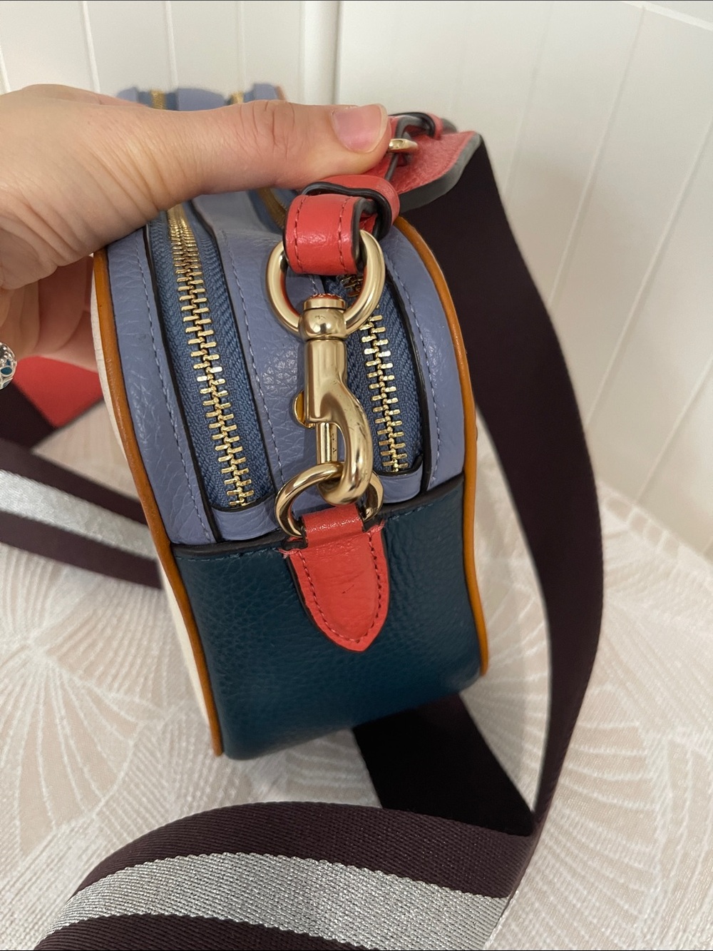 COACH Cream Leather Crossbody with Red Strap and Navy Trim - Picture 7 of 13